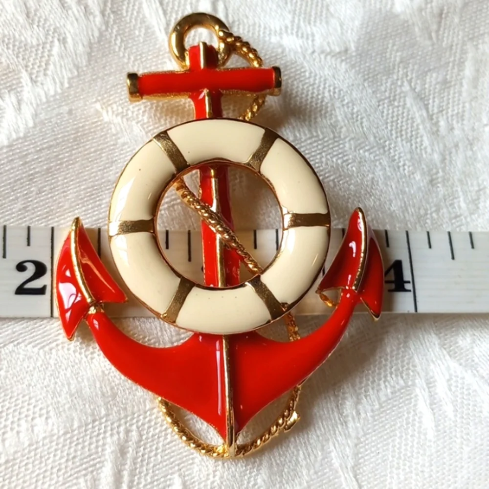 Nautical Brooch Red White Anchor Ring Enamel Gold Tone Pin 2x2in